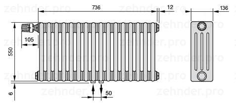 Схема (чертеж) Радиатор Zehnder Charleston 4055/16 №V007 Белый глянцевый RAL 9016